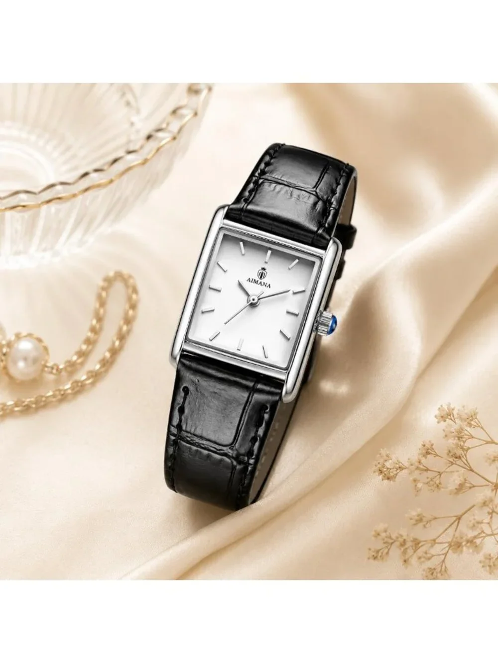 Women's Silver Case Black Rectangle Vintage Leather Strap  Quartz Movement Watch